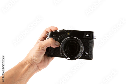 Male hand holding a telemetric digital photo camera isolated no background cutout.