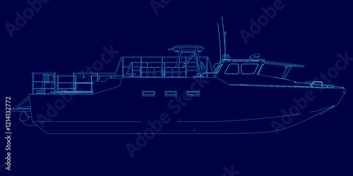 Blue boat outline. The boat is shown in a blue drawing