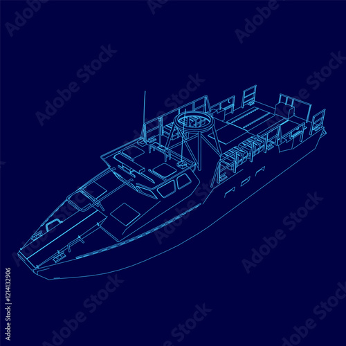 Blue boat is shown in a blue drawing. The boat is a small boat with a motor and a radio