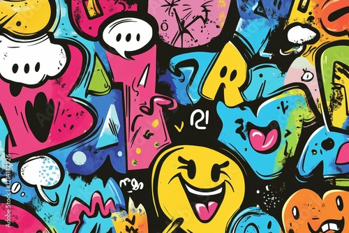 Colorful, abstract, graffiti-style art with cartoon faces.