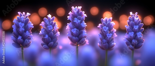 Four lavender flowers glowing at dusk.