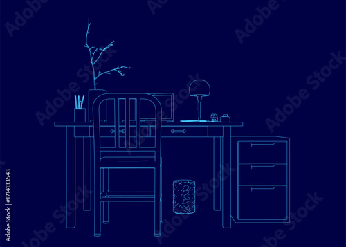 Blue drawing of a desk with a chair and a lamp. The chair is empty and the lamp is turned off