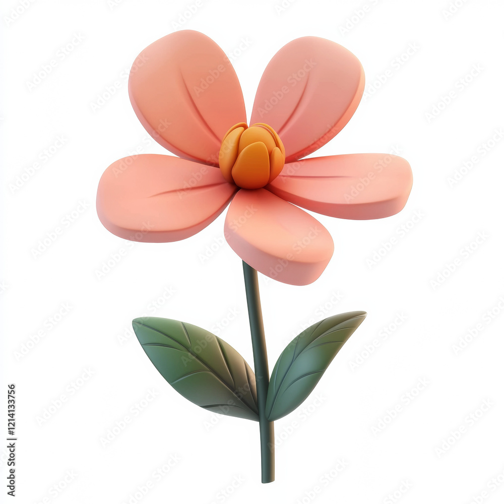 Naklejka premium 3D cartoon flower with pink petals and green leaves