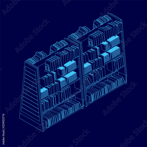 Blue image of a bookcase with many books on it. The books are arranged in rows and the shelves are tall. Concept of organization and order, as well as a love of reading