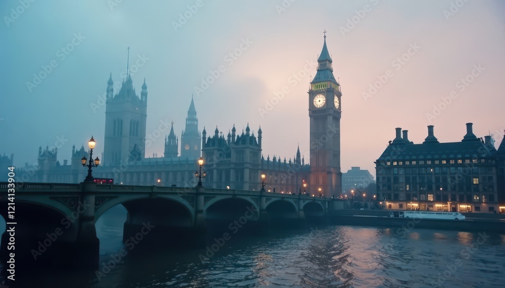 Ethereal fog shrouds London; Big Ben barely visible , blurred, dramatic Ethereal fog shrouds London; Big Ben barely visible , blurred, dramatic