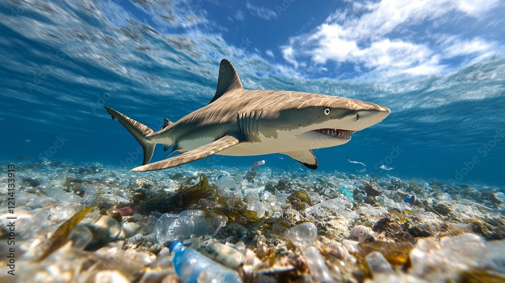 Obraz premium Shark Swimming in Polluted Ocean Environment