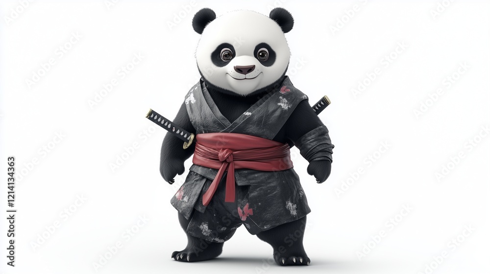 A lively 3D cartoon panda character dressed as a ninja, shown as a half-body portrait with all body parts complete, isolated on a plain white background for quick PNG extraction. A lively 3D cartoon panda character dressed as a ninja, shown as a half-body portrait with all body parts complete, isolated on a plain white background for quick PNG extraction.