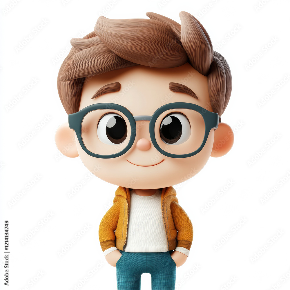 Cute cartoon boy with glasses and brown hair