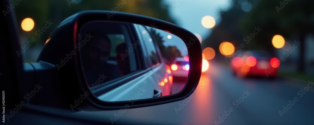 Close-up rearview mirror; police car lights visible, security, police Close-up rearview mirror; police car lights visible, security, police