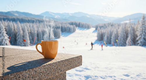 A warm winter scene with hot coffee cup, stone bench, snowy ski slope, soft focus background.