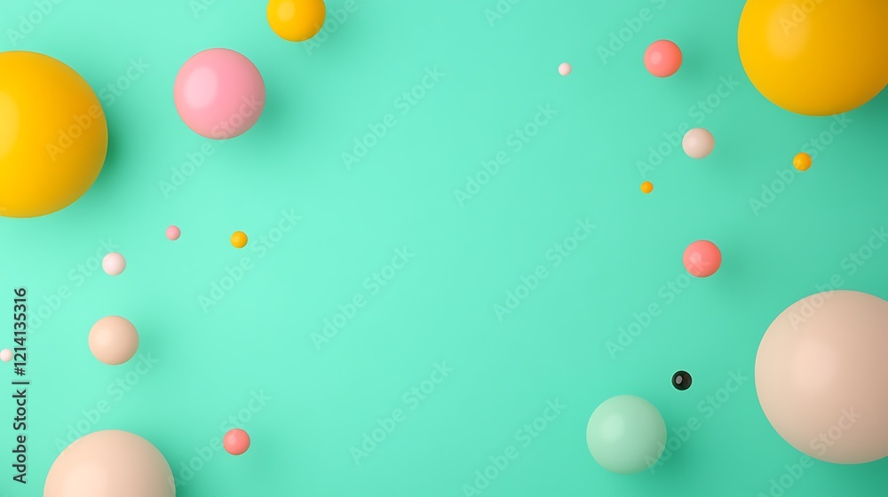 Colorful 3D spheres and circles on mint green background creating playful and vibrant composition for design projects Colorful 3D spheres and circles on mint green background creating playful and vibrant composition for design projects