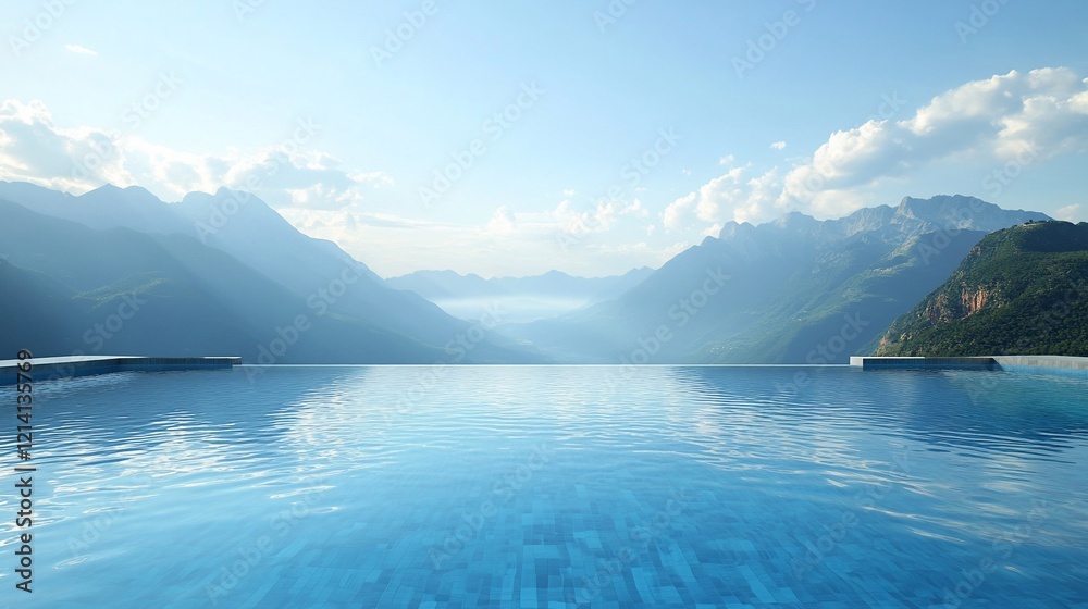 A serene infinity pool with mountain views under a clear blue sky creates a calming and luxurious scene A serene infinity pool with mountain views under a clear blue sky creates a calming and luxurious scene