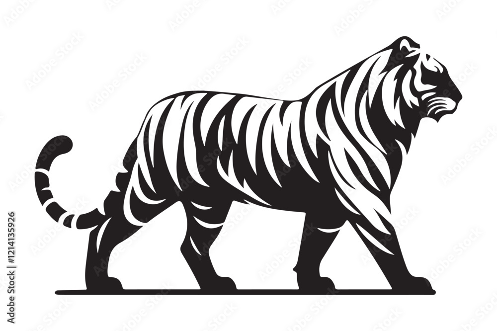 Naklejka premium Majestic Tiger Silhouette at Sunset – Wildlife Stock Illustration