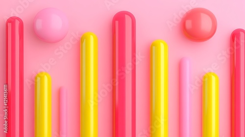 Colorful Abstract Composition of Cylindrical and Spherical Shapes on Pink Background for Creative Designs
