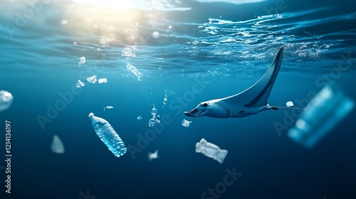 Manta Ray Swimming Among Ocean Pollution