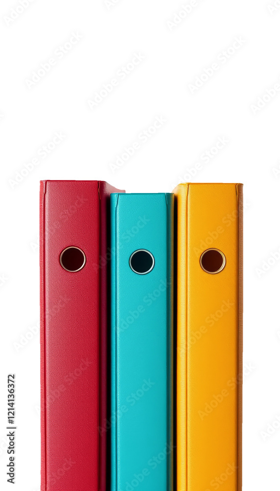 Three colorful ring binders in red, blue, and yellow arranged in a row on a white background Three colorful ring binders in red, blue, and yellow arranged in a row on a white background