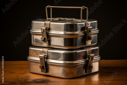 Two closed stainless steel tiffin carriers, traditional indian lunch boxes, stacked on a wooden table against a dark background photo