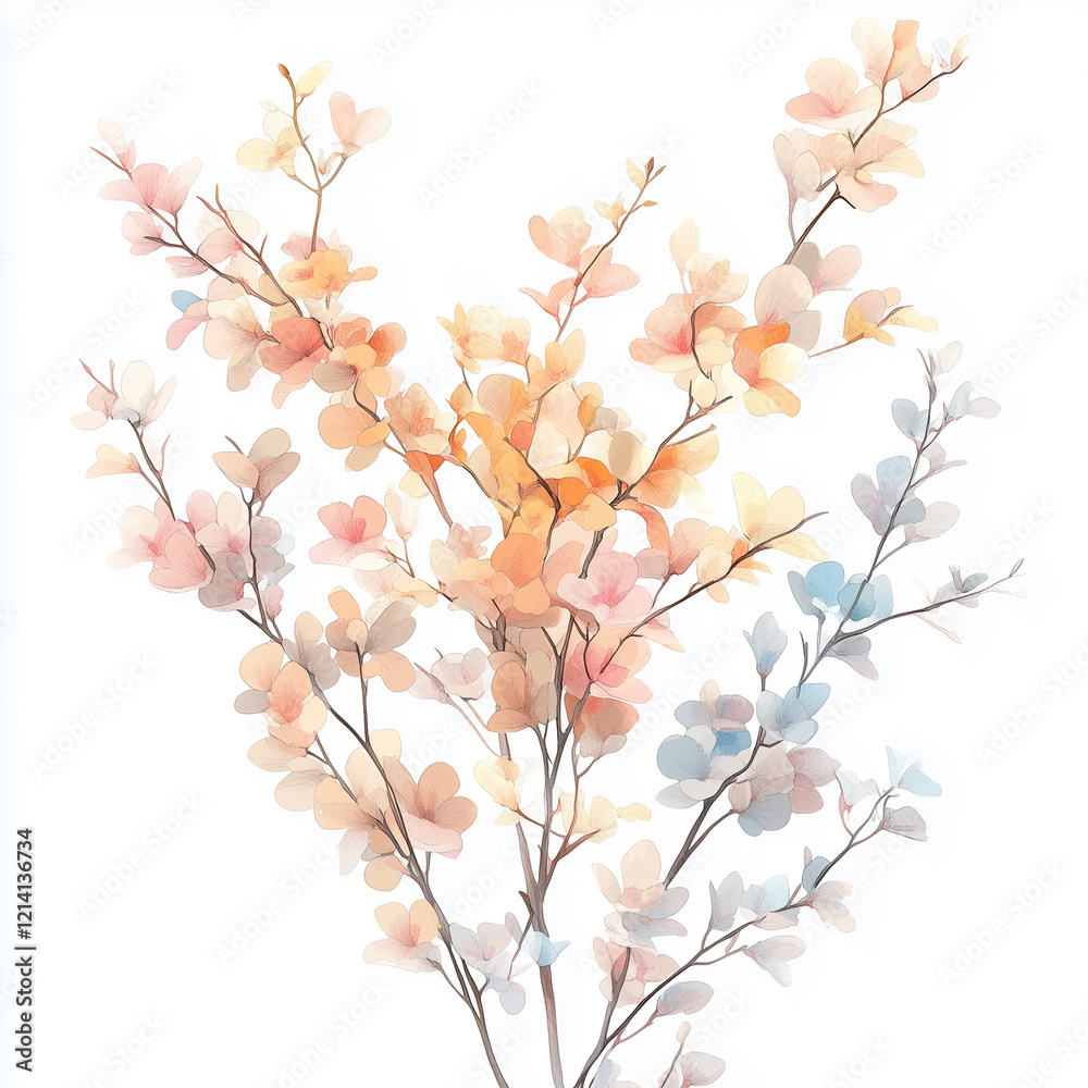 Fototapeta premium Delicate Branches with Softly Colored Abstract Blossoms on White Background
