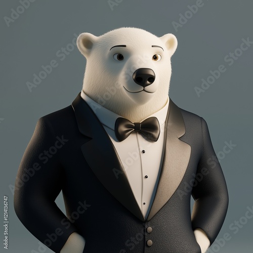 A polite 3D cartoon polar bear in a tuxedo.