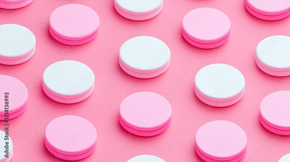 Colorful arrangement of round disks in vibrant shades of pink and white on a soft pink background surface Colorful arrangement of round disks in vibrant shades of pink and white on a soft pink background surface