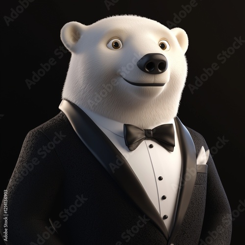 A polite 3D cartoon polar bear in a tuxedo.