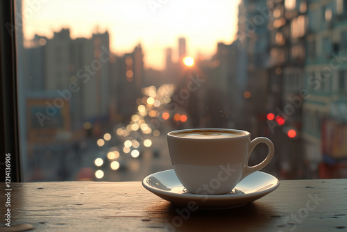  A cup of coffee or tea on a bustling cityscape outdoors.