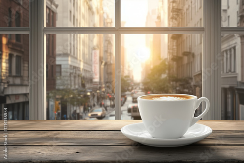  A cup of coffee or tea on a bustling cityscape outdoors.
