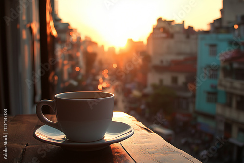  A cup of coffee or tea on a bustling cityscape outdoors.