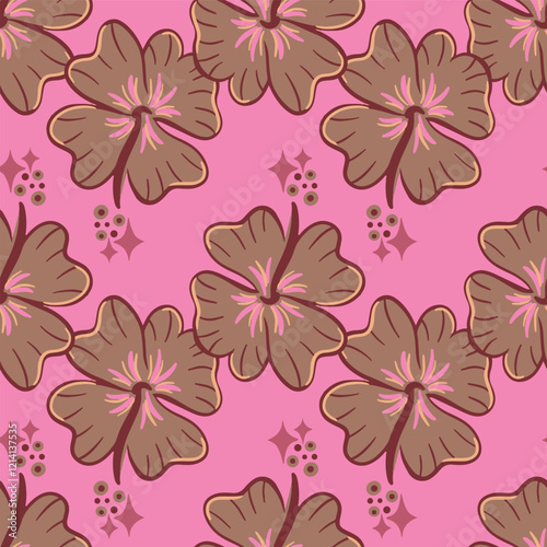 Hibiscus flower in Mocha Mousse color of the year 2025 seamless pattern on a pink background