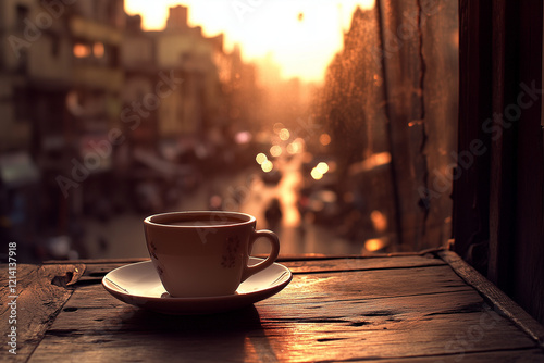  A cup of coffee or tea on a bustling cityscape outdoors.