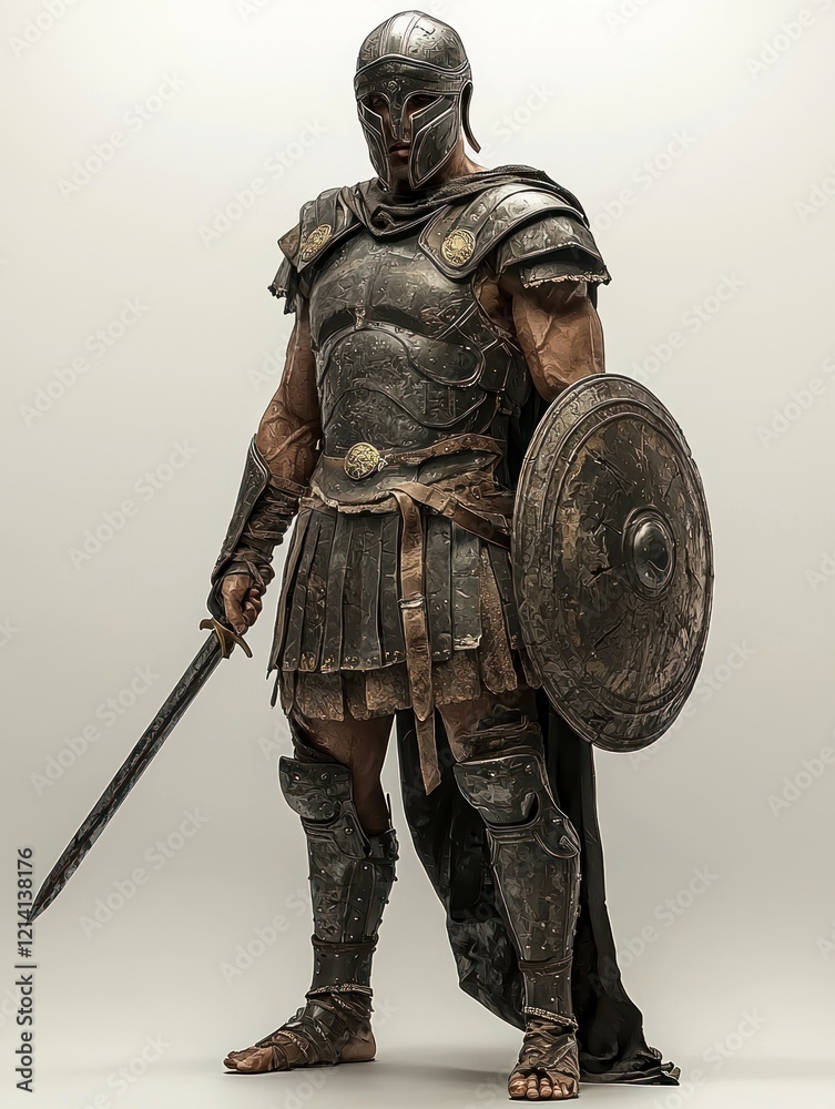 Powerful Ancient Warrior in Dark Armor Holding Sword and Shield Powerful Ancient Warrior in Dark Armor Holding Sword and Shield