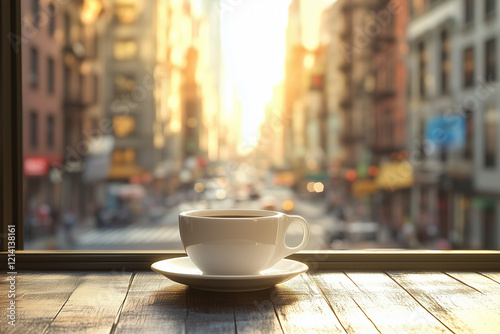  A cup of coffee or tea on a bustling cityscape outdoors.