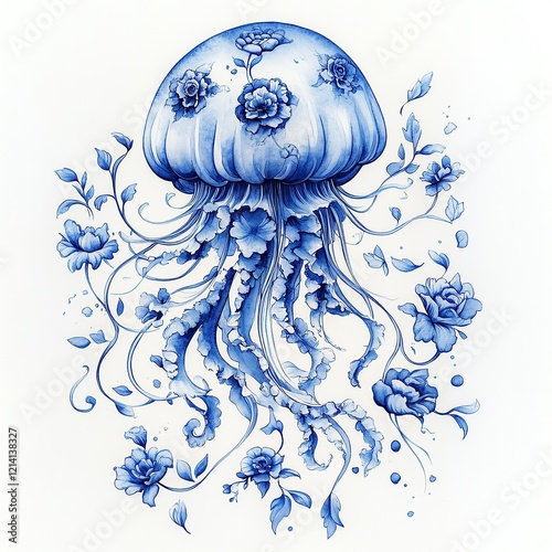 Elegant Blue Floral Jellyfish with Intricate Porcelain Patterns in the Toile De Jouy style