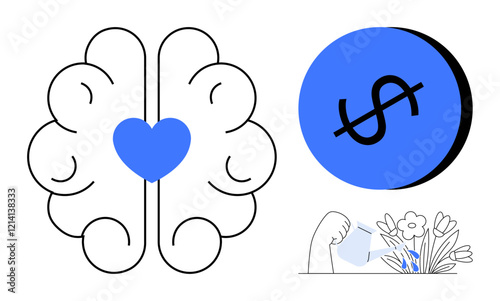 Heart inside a brain, dollar sign in circle, hand with watering can nurturing flowers. Ideal for mental health, emotional intelligence, financial well-being, personal growth, nurturing, education