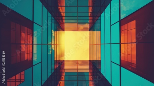 Abstract view of colorful glass building reflections with vibrant sunset tones.