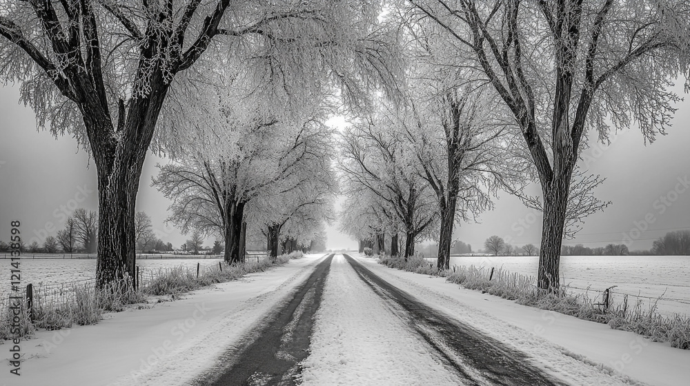 Snowy pathway lined with frosted trees in a tranquil winter landscape Snowy pathway lined with frosted trees in a tranquil winter landscape