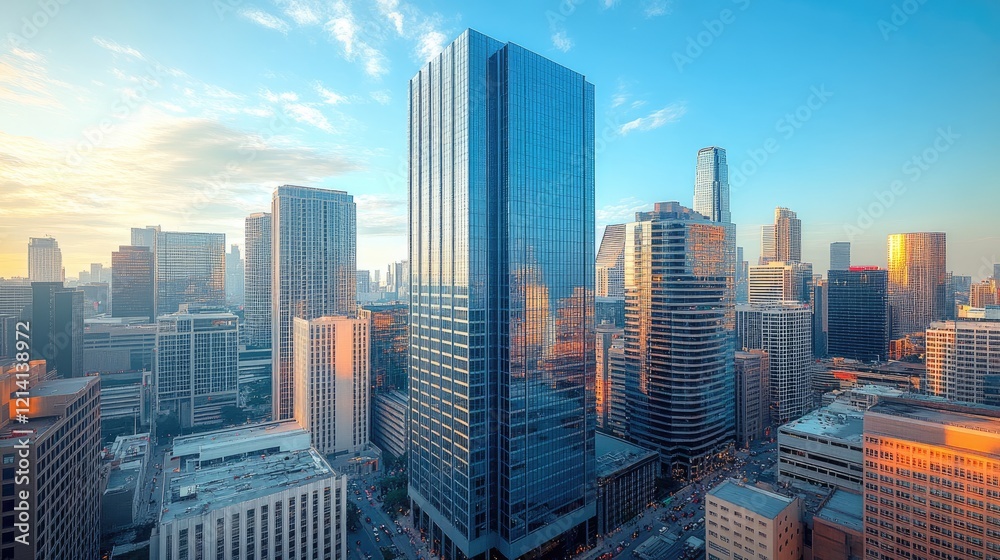 Fototapeta premium Cityscape sunrise aerial view, downtown buildings, traffic