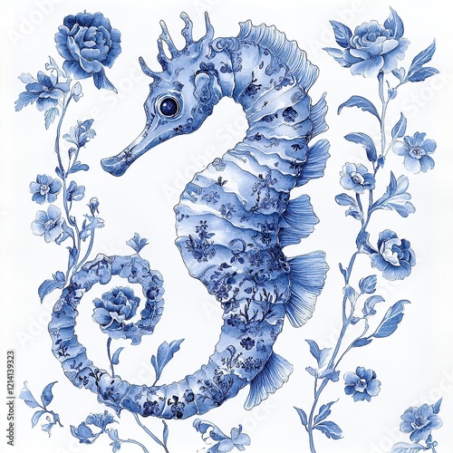 Intricate Blue Floral Seahorse Artwork in the Toile De Jouy style