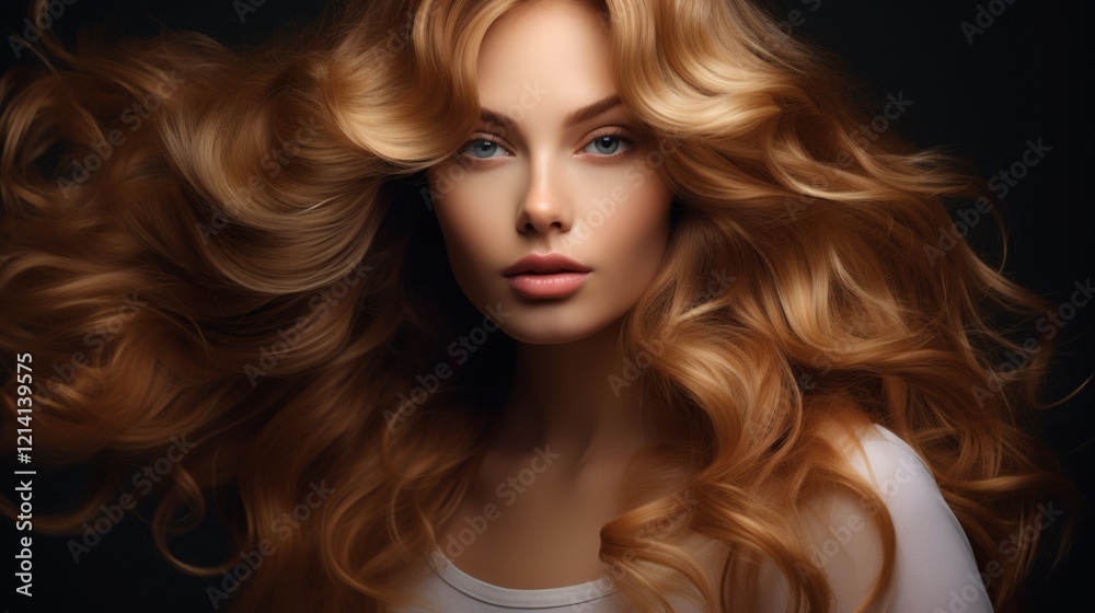 Fototapeta premium Model with flowing golden hair showcasing beauty in dramatic lighting