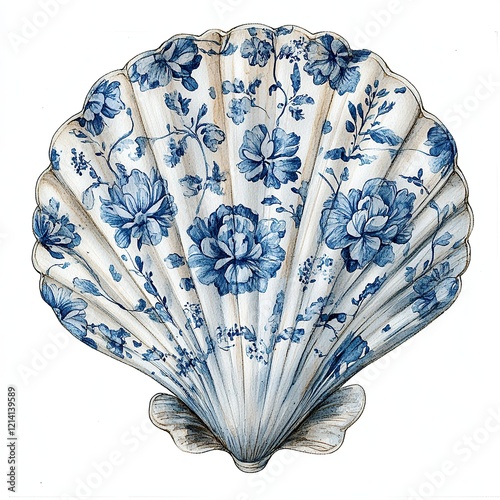 Intricate Blue Floral Scallop Shell with Porcelain-Inspired Patterns in the Toile De Jouy style