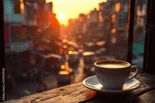  A cup of coffee or tea on a bustling cityscape outdoors.