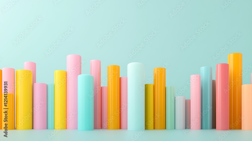Colorful Cylinders in Pastel Shades on a Mint Green Background for Modern Design Projects and Artwork Colorful Cylinders in Pastel Shades on a Mint Green Background for Modern Design Projects and Artwork