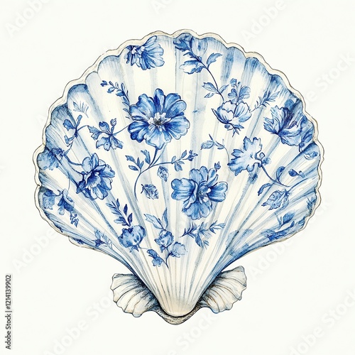 Intricate Blue Floral Scallop Shell with Porcelain-Inspired Patterns in the Toile De Jouy style