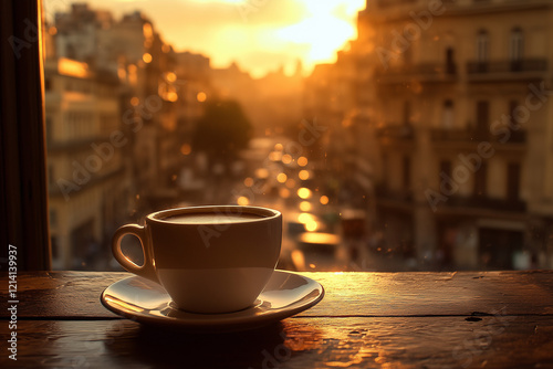  A cup of coffee or tea on a bustling cityscape outdoors.