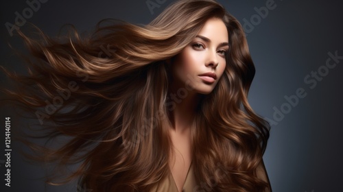 Captivating model showcases flowing hair in a stunning studio setting against a dark background