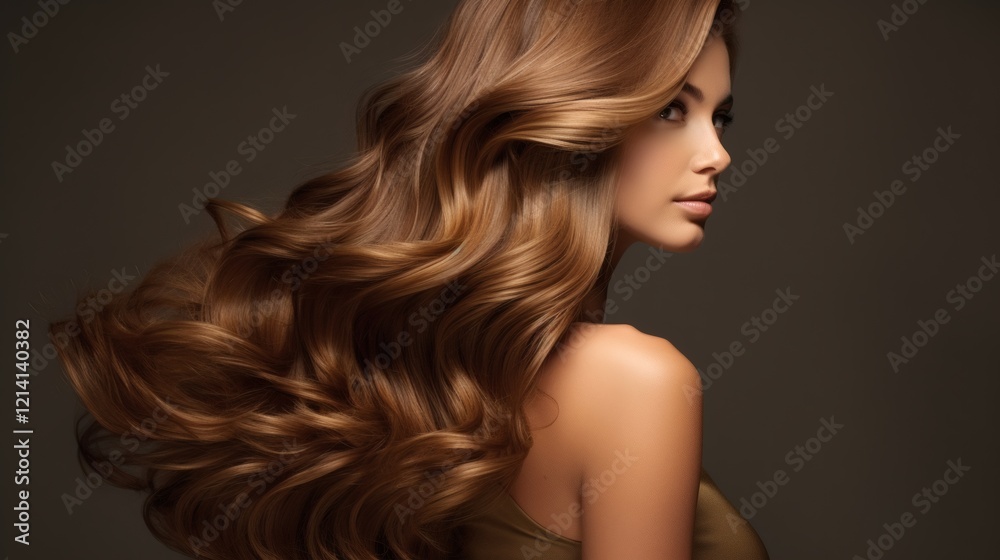 Portrait of a woman with long, flowing brown hair styled elegantly in soft waves against a dark backdrop Portrait of a woman with long, flowing brown hair styled elegantly in soft waves against a dark backdrop