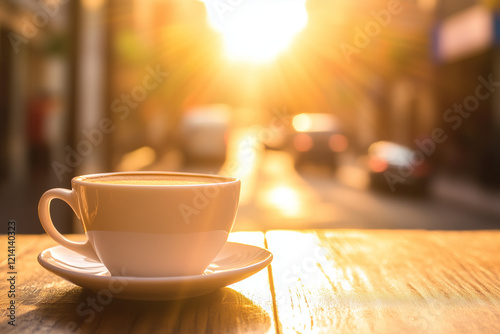  A cup of coffee or tea on a bustling cityscape outdoors.