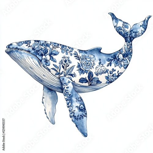 Intricate Blue Floral Whale with Porcelain-Inspired Patterns in the Toile De Jouy style