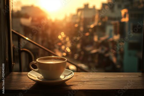  A cup of coffee or tea on a bustling cityscape outdoors.