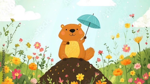 A happy brown gopher holding a blue umbrella standing on a mound surrounded by colorful flowers in the sun